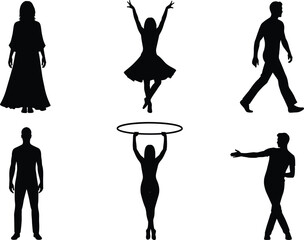 Human silhouette collection, black figure poses, artistic movement icons, walking and dancing shapes, hoop gesture design, posture illustration set © It's Sohan Here