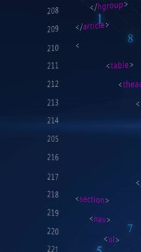 Vertical video: On play line numbers scrolling, tags shifting, dial rotating, showing code timing