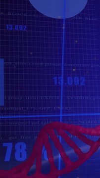 Vertical video: On load red DNA helix sliding rightward, revealing bars and numbers to show data