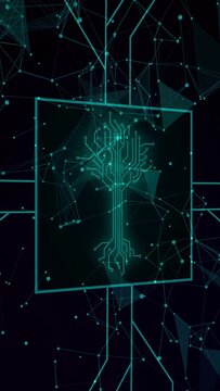 Vertical video: Node pulse sparking shift teal panel shifting, forming circuit tree and linking net