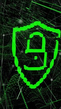 Vertical video: Digits cycling, neon green shield morphing into padlock, signaling security