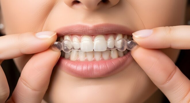 Woman showing clear aligners on straight teeth with fingers