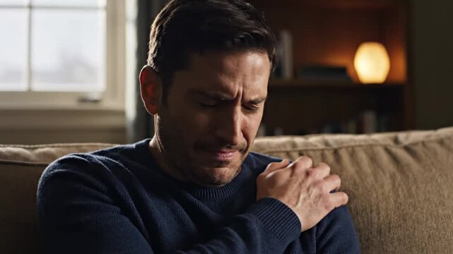 An adult man sits on a comfortable living room couch, visibly distressed and clutching his shoulder in apparent discomfort. His eyes are closed, and his face shows a pained grimace, conveying feelings