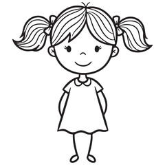Smiling Cartoon Girl Line Art with Pigtails and Bows