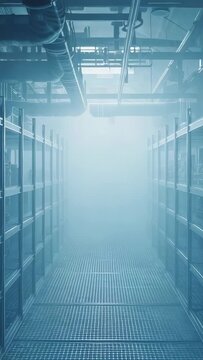 Vertical video: Pushing camera moving down aisle over grate past racks to pale light, fog growing