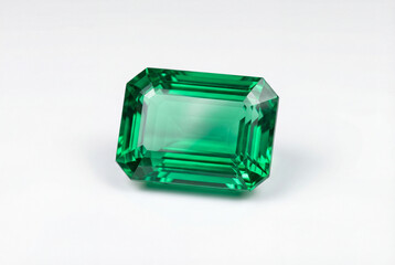 A single large emerald cut green gemstone isolated on a clean white background