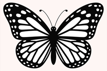 Black and white monarch butterfly silhouette with detailed wings on a pale pink background Keywords: butterfly, monarch © Rasel