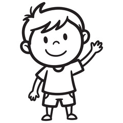 Obraz premium Happy Cartoon Boy Waving Hand in Simple Outline Style