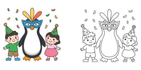 Obraz premium Cartoon penguin and children wearing party hats and masks with confetti on white background Keywords: penguin, child, children