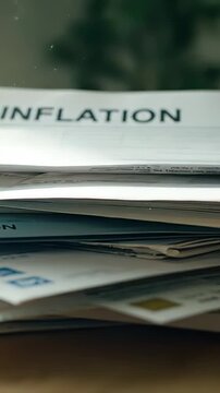 Macro view of a stack of unpaid bills and newspapers with an Inflation headline. Conceptual video about financial struggle and economy