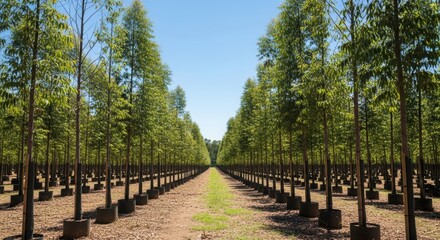 Young Eucalyptus Trees Lined Perfectly in Sustainable Farm Under Clear Blue Sky and Bright Sunlight