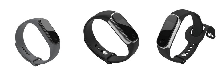 Set of modern black fitness trackers with digital OLED displays and adjustable silicone wristbands...
