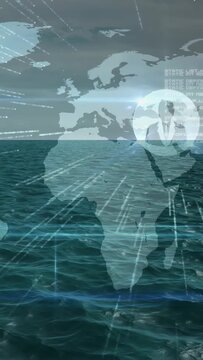 Vertical video: Map fading over sea, flare sparking HUD rings and avatars linking business network