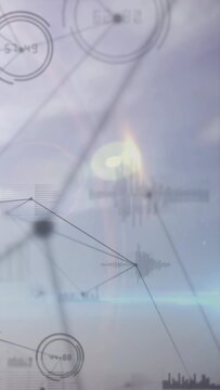 Vertical video: Moon entering left starting data HUD animating lines and rings visualizing network