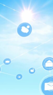 Vertical video: Blue UI icons appearing after streak crosses sun, moving inward and linking network