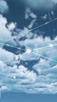 Vertical video: Central node appearing, emitting beams, linking nodes, forming network over clouds