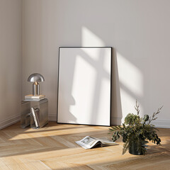 Modern Living Room Poster Frame Mockup with Natural Light and Minimalist Decoration. 3D render.