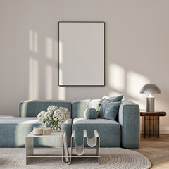 Modern Living Room Poster Frame Mockup with Natural Light and Minimalist Decoration. 3D render.