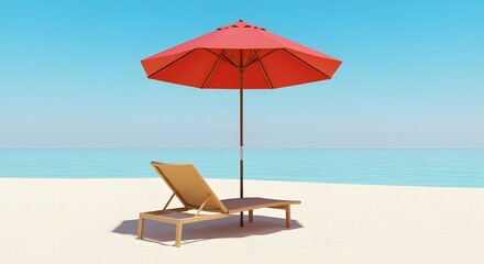 Fototapeta premium Red beach umbrella and lounge chair isolated on neutral background. Concept of tropical vacation, summer relaxation, seaside leisure, travel accessories, and outdoor holiday essentials.