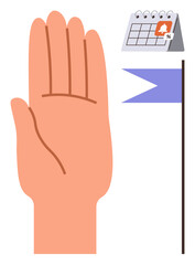 Obraz premium Time management, reminders, task organization, productivity, scheduling, events. Hand with palm up next to a calendar and flag. Time management and reminders concept