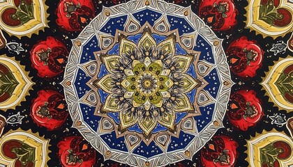 Fototapeta premium Ornate kaleidoscope pattern with vibrant colors, featuring a central floral motif and radial symmetry