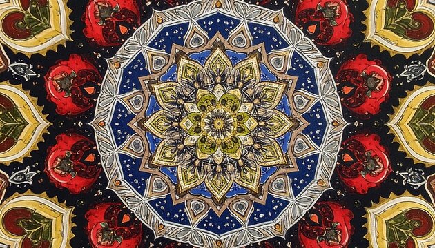 Ornate kaleidoscope pattern with vibrant colors, featuring a central floral motif and radial symmetry