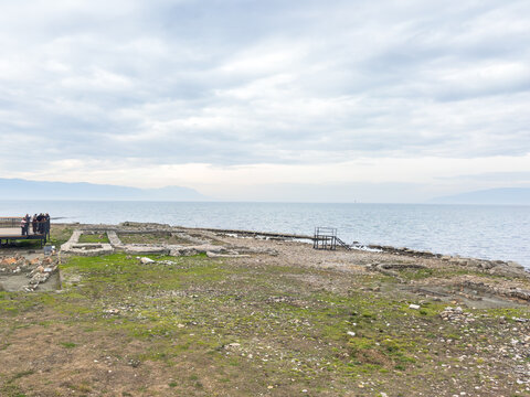 Panoramic view of the recently discovered submerged ancient Roman basilica ruins at the shore of Lake Iznik, Nicaea