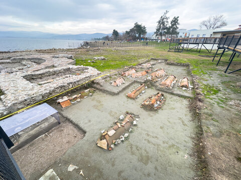 Panoramic view of the recently discovered submerged ancient Roman basilica ruins at the shore of Lake Iznik, Nicaea