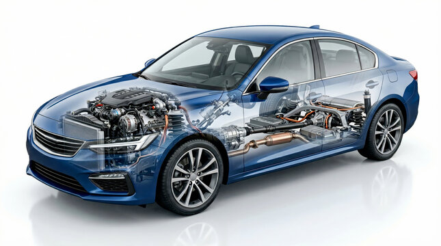 Blue sedan car with transparent body showing engine and internal parts structure