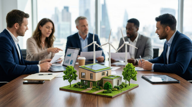Business Team Discussing Sustainable House Model with Renewable Energy Features