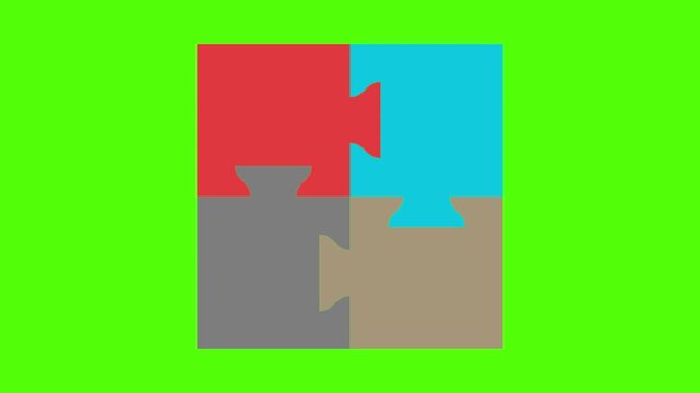 Interlocking Puzzle Pieces: A quartet of distinctively colored puzzle pieces, seamlessly integrated, forming a unified whole on vibrant green background, symbolizing solutions.