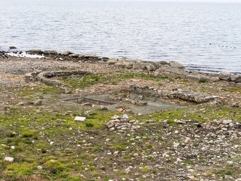 Panoramic view of the recently discovered submerged ancient Roman basilica ruins at the shore of Lake Iznik, Nicaea