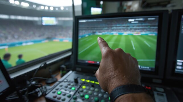 POV of referee or director pointing finger at monitor in VAR control room during live football match. Sports broadcasting, television equipment and video assistant technology concept