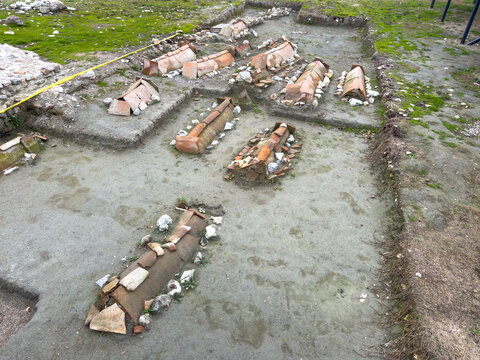 Panoramic view of the recently discovered submerged ancient Roman basilica ruins at the shore of Lake Iznik, Nicaea
