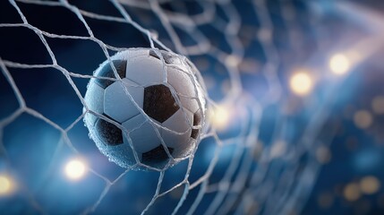 Cinematic close up of soccer ball in the net with water drops and glowing stadium lights. Football match scoring, winning championship and business goal success concept