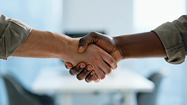 Professional diverse business people shaking hands in a bright office environment, showcasing a cinematic close-up shot of a partnership agreement and teamwork success.