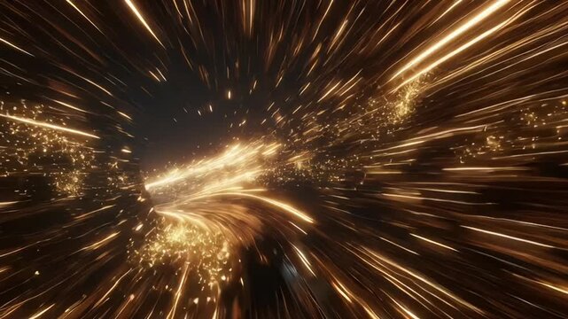 Abstract golden hyperspace jump with glowing light streaks and particles representing fast data transfer and futuristic technology