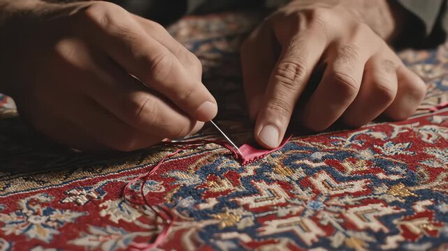Close up of artisan hands sewing traditional Persian carpet with needle and thread