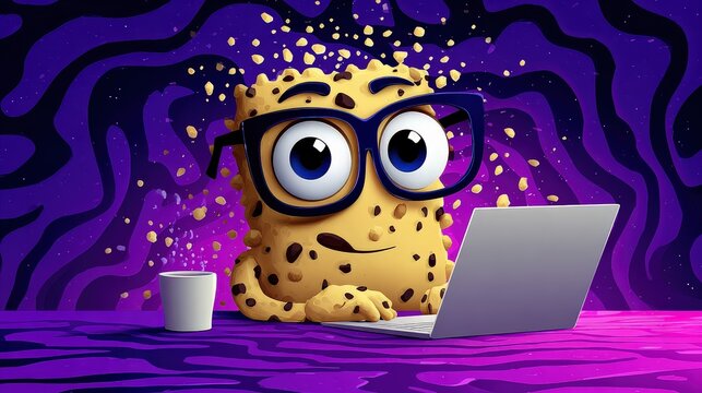 Smart Cookie Character Working on Laptop with Coffee Cup