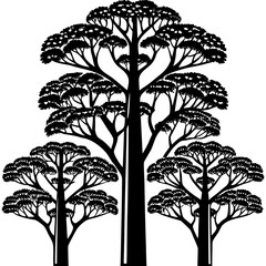 Obraz premium Tall layered trees vector illustration with black silhouettes on white background for design and decoration