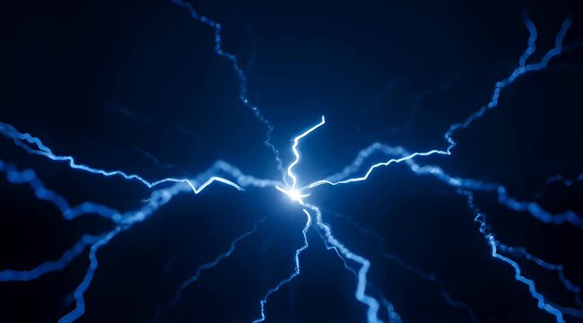 Abstract depiction of energy surge with blue lightning bolts radiating outwards