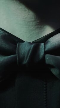 Vertical video: Showing camera shifting over neck and dark satin bow tie in closeup to show buttons
