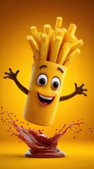 Happy French Fries Character with Ketchup Splash Mascot