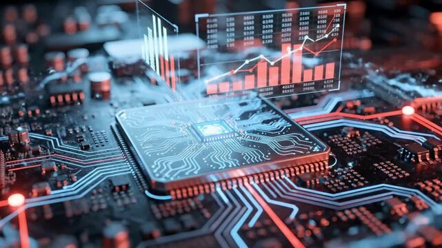 AI data analytics processor animation video, financial technology motherboard background, digital market statistics visualization, futuristic business intelligence concept