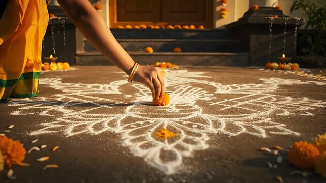 Traditional Rangoli Design with Flowers and Diyas.