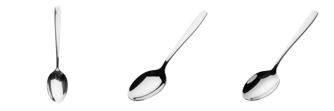 Set and collection of stainless steel spoons isolated on white transparent png background