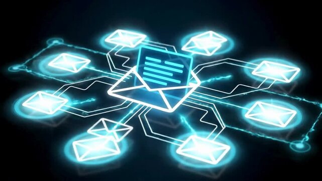 Email communication network animation video, digital message data transfer background, online information technology concept, futuristic internet connectivity system