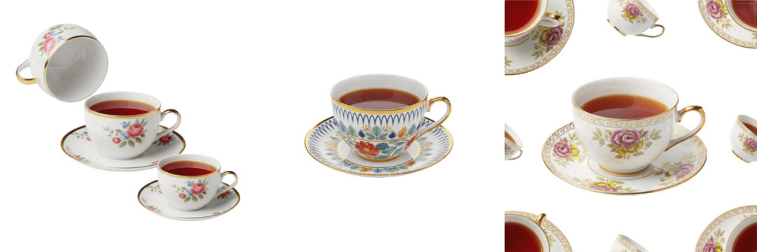 Set and collection of vintage floral tea cup and saucer isolated on white transparent png background