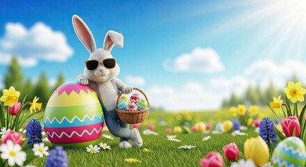 Ester day celebration with easter bunny holding decorated eggs in colorful garden