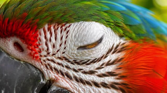 Extreme Close-up of Macaw Parrot Eye and Colorful Feathers